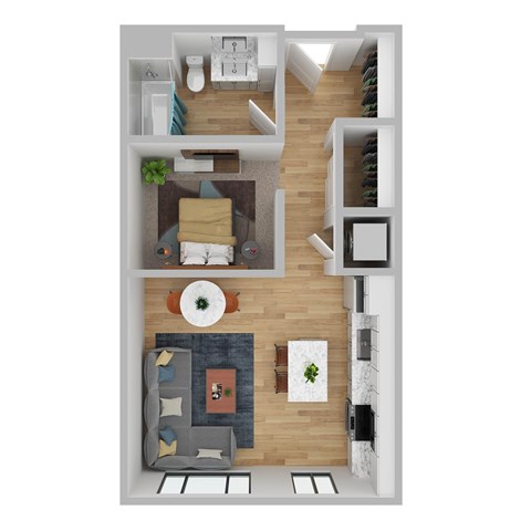 A top-down view of a modern apartment layout with a living room, kitchen, and bedroom.